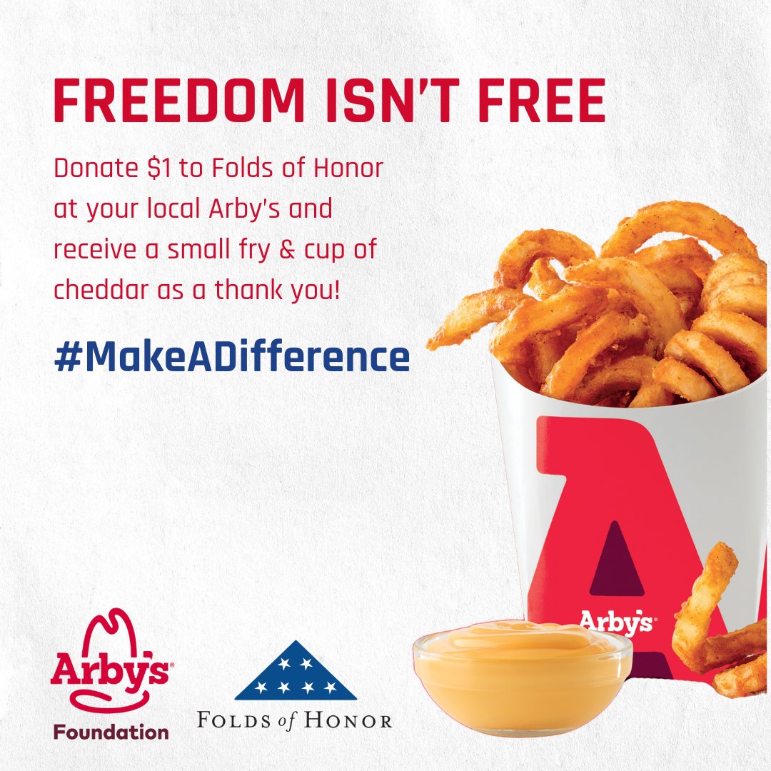 Visit your local @Arbys and donate to the #MakeADifference Campaign. As a National Partner of the @ArbysFoundation, we work together to support the families of American heroes. You can donate now until September 1 so don’t miss out! 🇺🇸
#ArbysFoundation