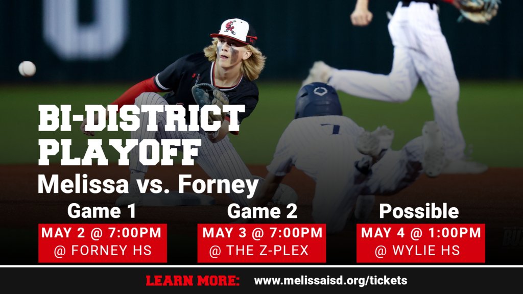 Road to State: The Cardinals will face Forney in the Bi-District round of the baseball playoffs. The first game will be on May 2 at 7:00 p.m. at Forney High School. For game information and to purchase tickets visit melissaisd.org/tickets.