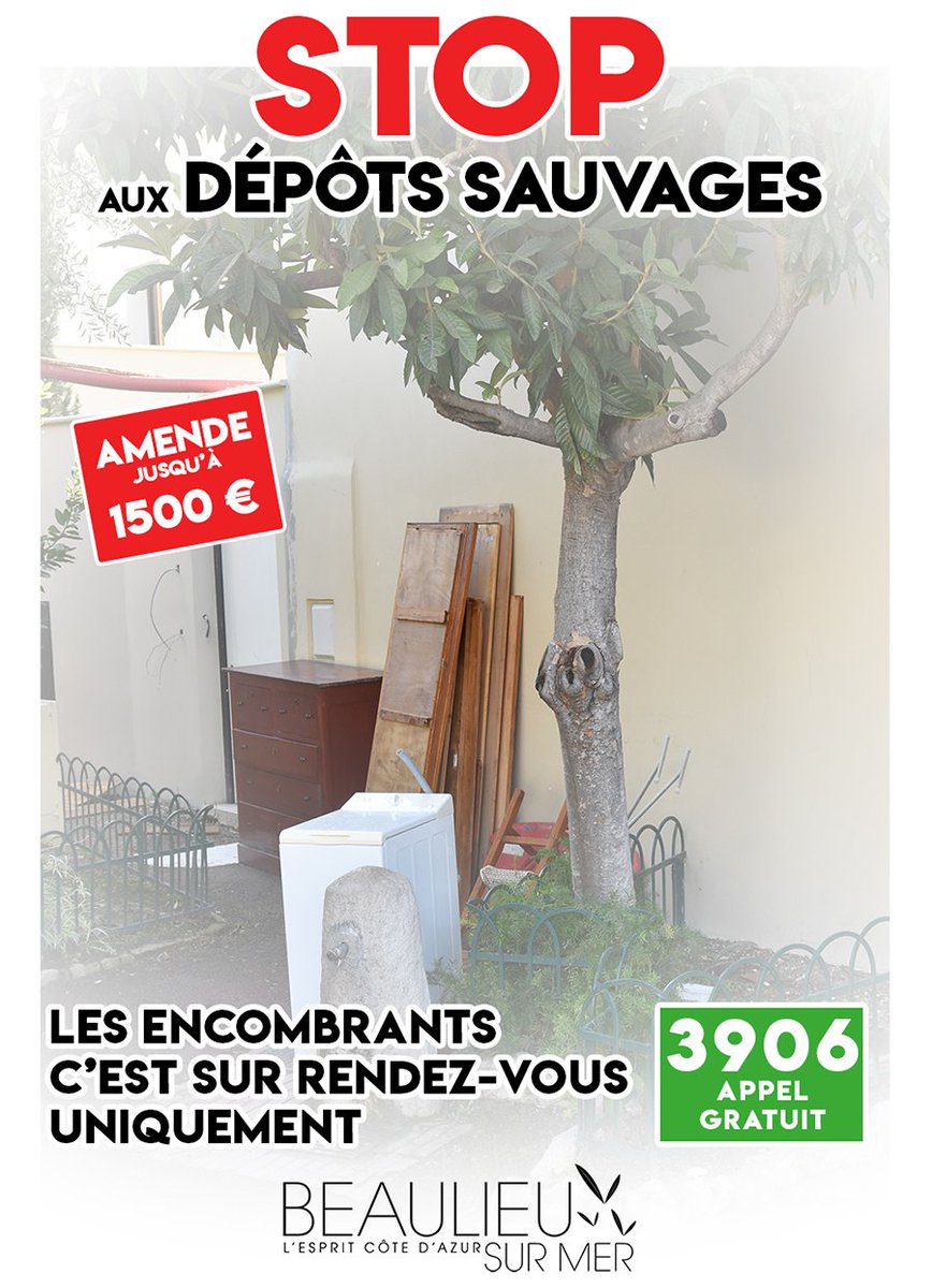 ❌ Stop aux dépôts sauvages !

Les encombrants à Beaulieu-sur-Mer c'est sur rendez-vous uniquement au 3906 !

#VilleEcocitoyenne en #CotedAzurFrance