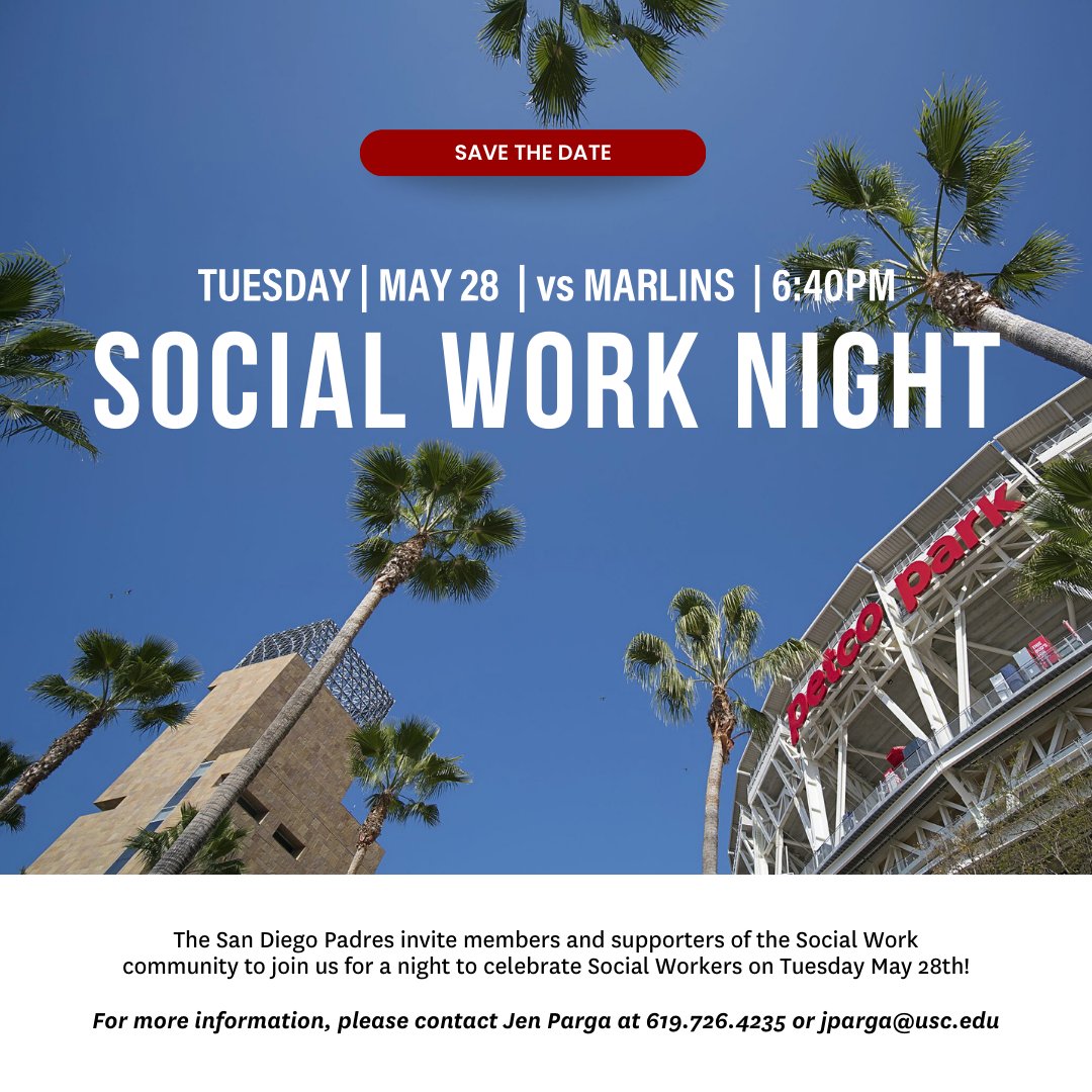 The San Diego Padres invite members and supporters of the Social Work community to join them for a night to celebrate Social Workers on Tuesday, May 28th! To learn more about the event and purchase tickets visit: bit.ly/3Q0kAQu