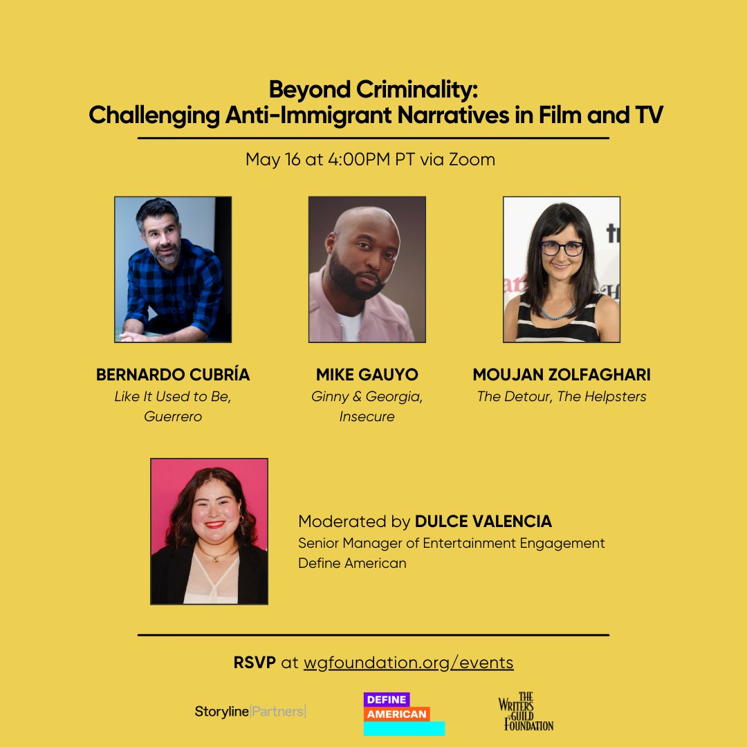 NEW ZOOM EVENT, 5/16! Join us, in partnership with @Storyline_ and @DefineAmerican, for this virtual panel discussion analyzing the history and current state of portraying authentic immigrant stories in entertainment. More details + RSVP here: wgfoundation.org/events