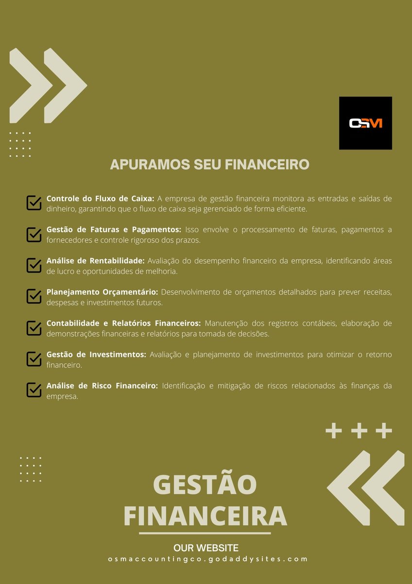 Resumo, análise e relato de suas transações financeiras para uso dos acionistas, fornecedores, bancos, funcionários, órgãos governamentais, empresários e demais stakeholders do seu negócio.

#OSMAccounting #OSMAuditing #OSMFinancial #OSMManagement #OSMTax #OSMCost #OSMParalegal