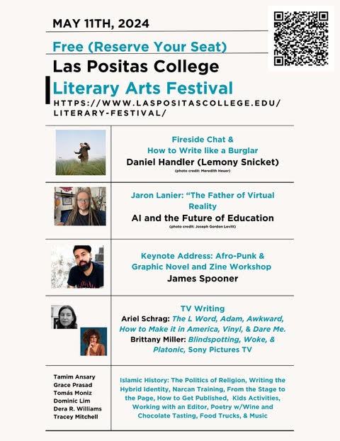 On May 11, I'll be doing a fireside chat on writing as part of the @laspositas Literary Arts Festival, along with a whole suite of talented speakers and writers. Learn more and register (for free!) here: laspositascollege.edu/literary-festi…