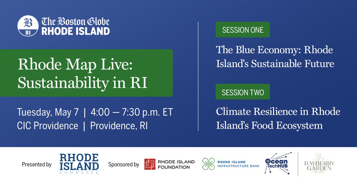 Join @Globe_RI for an extension of Sustainability Week focusing on topics from the blue economy to the Ocean State’s food ecosystem. Local leaders will speak across two sessions moderated by @DanMcGowan, @bamaral44, and @AlexaGagosz. RSVP: trib.al/tK9DE7q #GlobeEvents