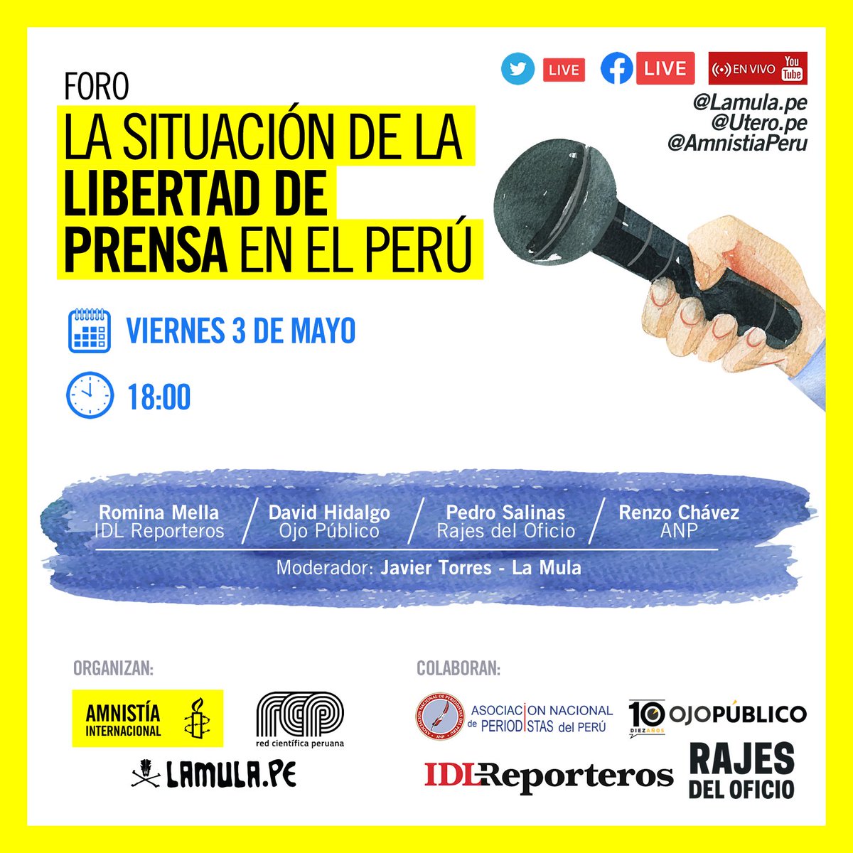 ⚠️ En el marco del Día Mundial de la Libertad de Prensa, te invitamos al Foro 'La situación de la libertad de prensa en el Perú'. 🗓️Viernes 3 de mayo. 🕐18:00.