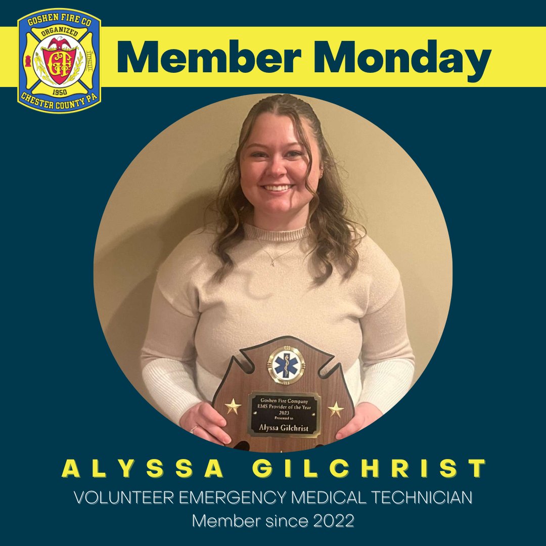 Meet Alyssa Gilchrist, an EMT  
with GFC since January 2022

Interested in volunteering with Goshen Fire Company?

Visit our website:
goshenfireco.org/about/voluntee…

 #volunteer #firstresponders #chescopa #mondaymotivation #firehousefamily #volunteerEMT #GoshenEMS  #nursingstudent