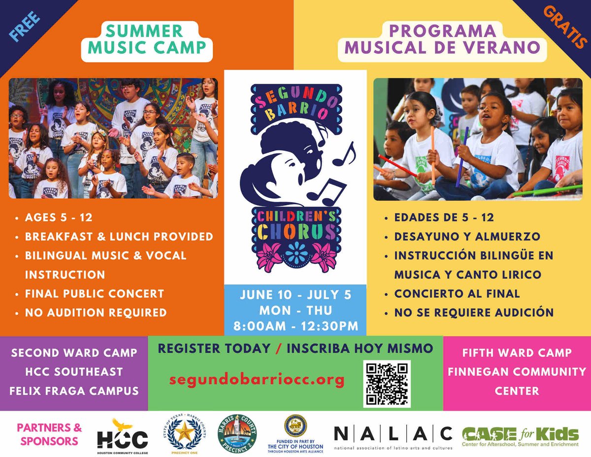 We are so excited to share this opportunity with Precinct One families. Houston’s first and only bilingual children’s choir, Segundo Barrio Children’s Chorus, is offering a free summer camp! Don’t miss this opportunity to sign your child up for an engaging summer of music!