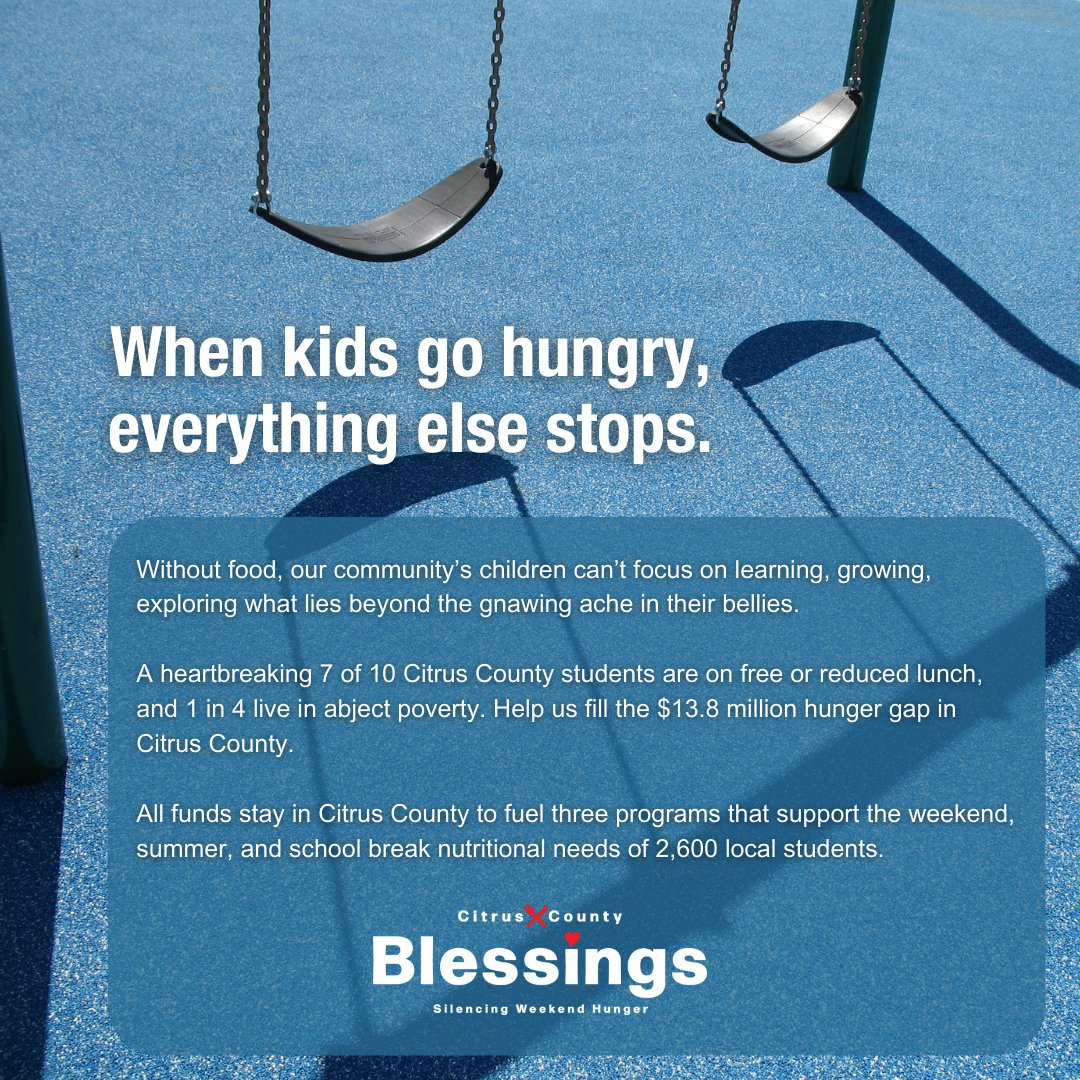 When kids go hungry, their potential is stifled, and dreams take a backseat. We refuse to let hunger define their childhood.  #FeedTheKids #CitrusBlessings #DonateForACause

Support our cause to nourish young lives.
Visit citruscountyblessings.org to make a meaningful impact.