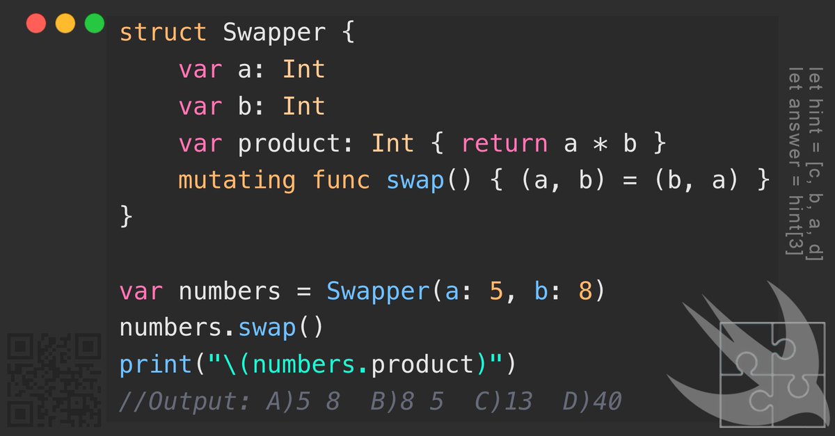 GregCoolShade's tweet image. 🎲 Swift Twist! Look at this snazzy way to swap and multiply. Can you guess the output after this sleek swap? #SwiftInStyle #SwiftCode