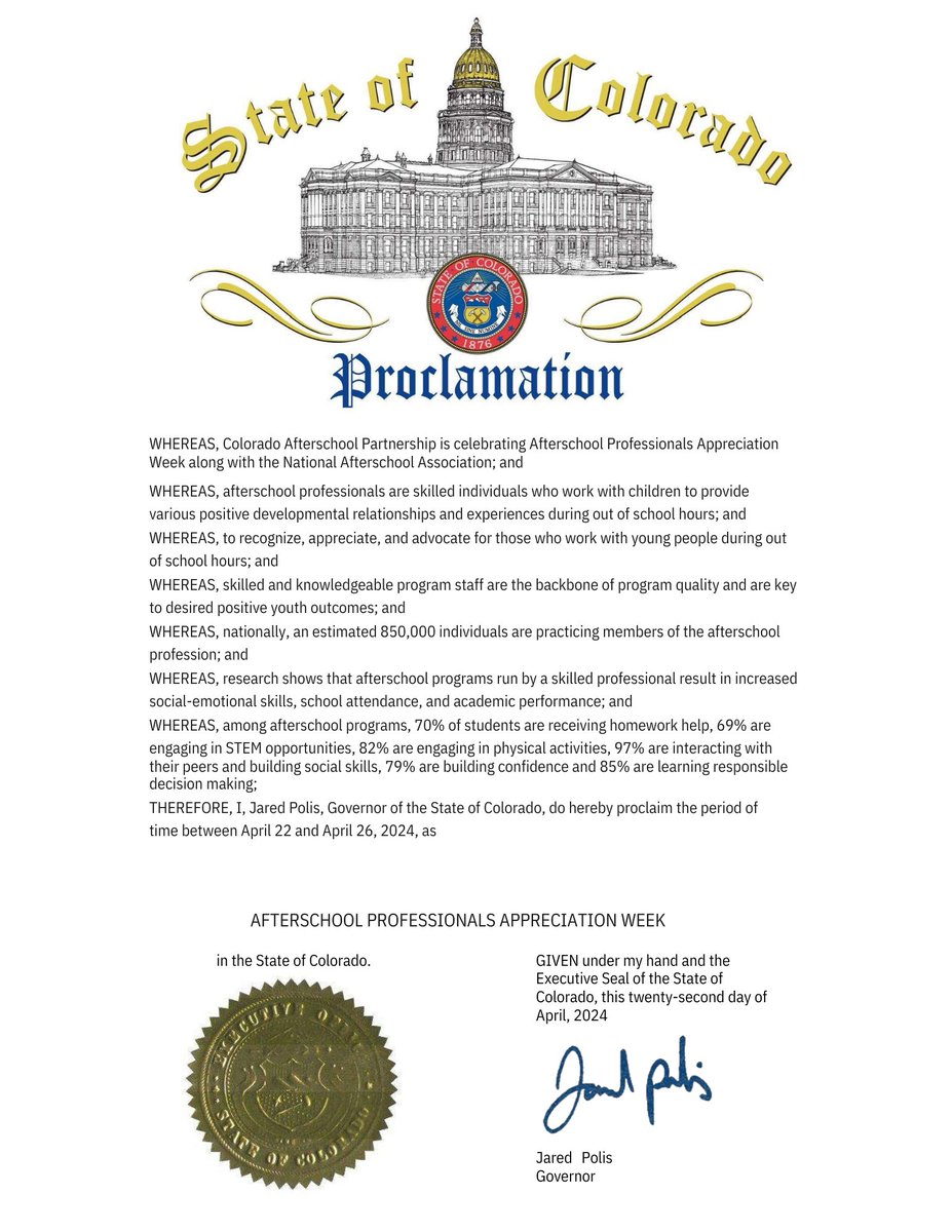 🎉 Exciting news! @jaredpolis signed a proclamation for Afterschool Professionals Appreciation Week last week, recognizing the incredible efforts of those in OST. We're so grateful for their hard work and dedication to supporting youth! 🙌 @afterschool4all @NatlAfterSchool