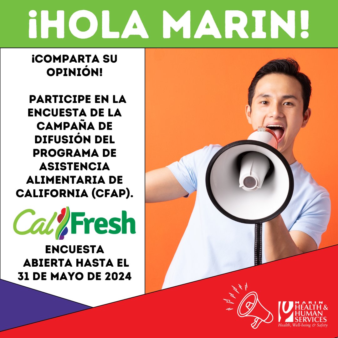 ¡Hola Marin! CDSS está llevando a cabo una campaña de mercadeo y medios de comunicación para compartir información sobre la próxima expansión del CFAP. 

survey.alchemer.com/s3/7660941/CFA…

La encuesta está abierta hasta el 31 de mayo 2024.
