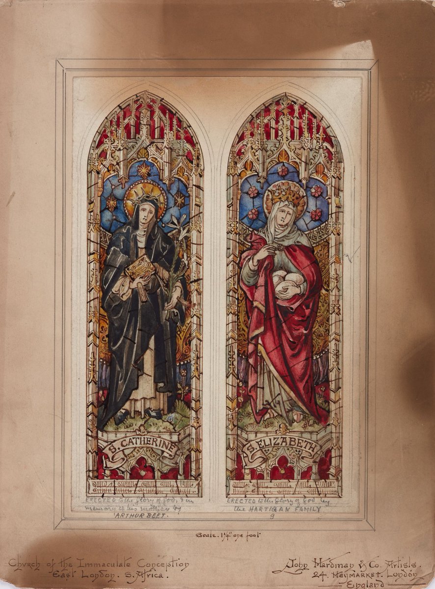 St Catherine and St Elizabeth - stained glass design for the Church of the Immaculate Conception in East London, South Africa, 1908. Design by Birmingham designer and manufacturer John Hardman & Co.