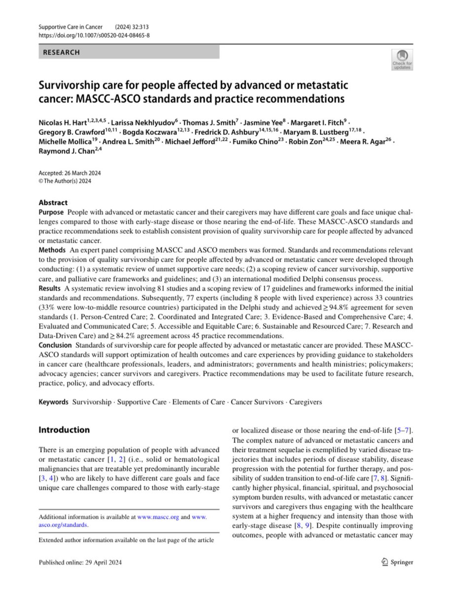 🚨Survivorship Care for People affected by Advanced or Metastatic Cancer🚨 💥 MASCC-ASCO Standards / Practice Recommendations now published💥 ‼️ Clinical tools online ‼️ 14 languages (coming soon) Co-published open access: ascopubs.org/doi/full/10.12… and link.springer.com/article/10.100…