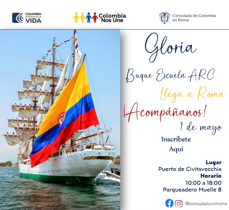 #Hoy El Buque Gloria de la @ArmadaColombia atracará en el Puerto de Civitavecchia, en el marco de la celebración de los 160 años de relaciones diplomáticas entre Italia y Colombia.