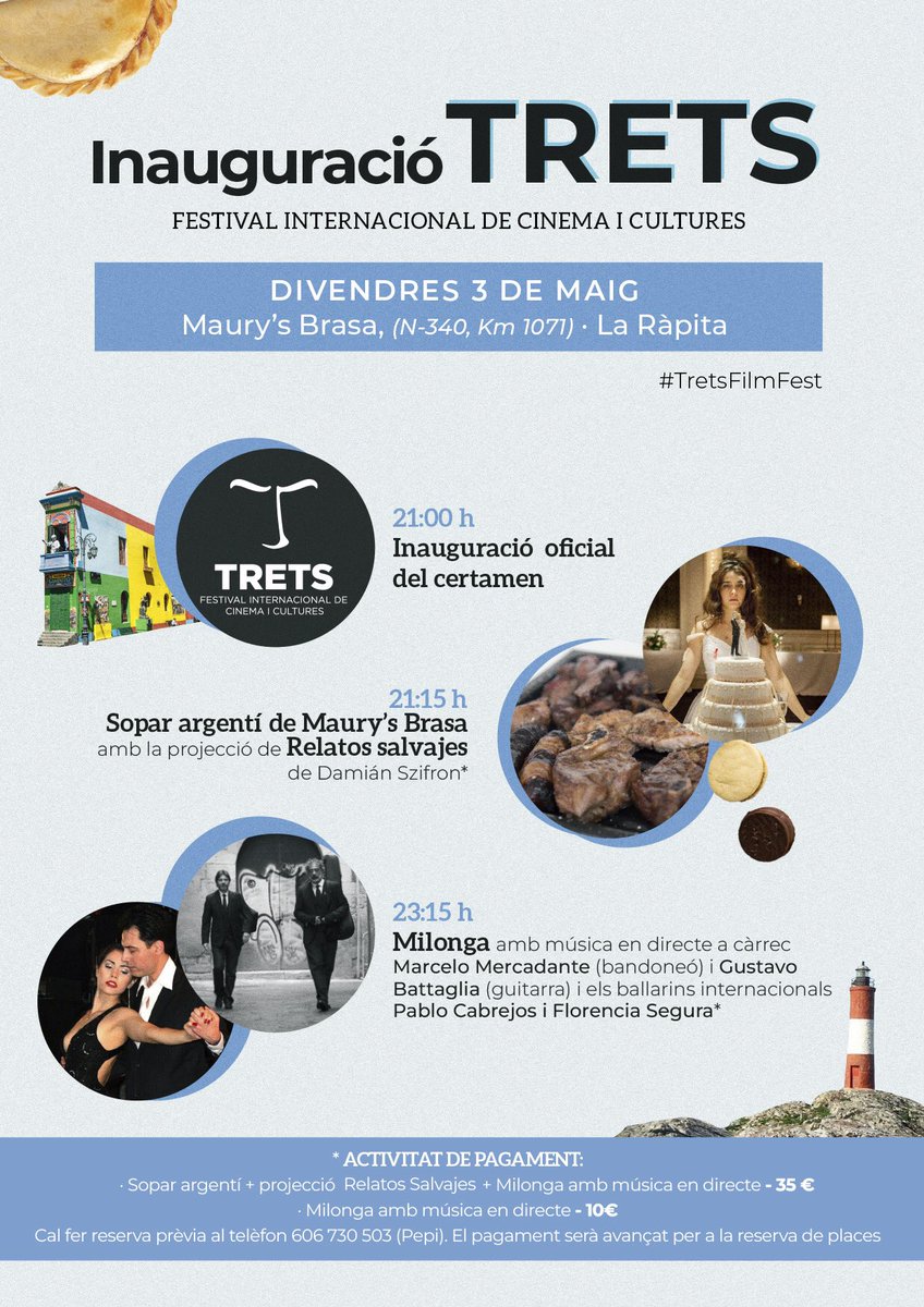 DO NOT MISS❗️

👠 Una gran cita amb una proposta que combina gastronomia i cinema amb música i dansa.

🥩 Sopar argentí de Maury's Brasa + projecció de Relatos salvajes + milonga amb música en directe

📱 Reserves al telèfon 606 730 503 (Pepi)

#Trets2024 #LaRàpita #TerresdelEbre