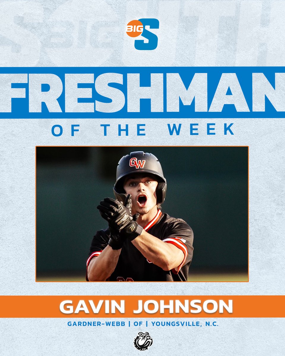 Big South Conference (@bigsouthsports) on Twitter photo He run scored at nationally-ranked North Carolina & was 2-3 with a triple, two walks and two stolen bases in Gardner-Webb’s series-opening win over Radford on Friday! 👏
<a href="/GWUBaseball/">Gardner-Webb Baseball</a>'s Gavin Johnson is the #BigSouthBASE Freshman of the Week! He run scored at nationally-ranked North Carolina & was 2-3 with a triple, two walks and two stolen bases in Gardner-Webb’s series-opening win over Radford on Friday! 👏
<a href="/GWUBaseball/">Gardner-Webb Baseball</a>'s Gavin Johnson is the #BigSouthBASE Freshman of the Week!