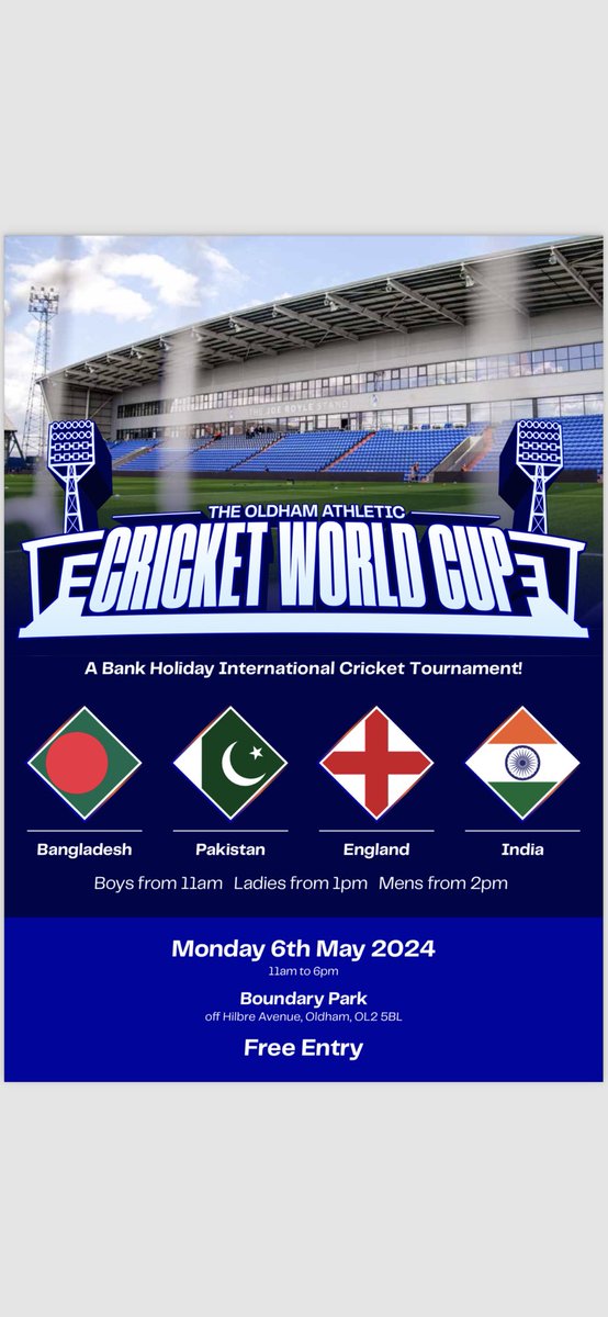 Everyone welcome to a FREE ENTRY #CricketWorldCup event on Mon 6 May @OfficialOAFC from 11am brilliant way to spend #BankHoliday great for the family PLS RT #OldhamHour #LoveOldham @OldhamCouncil @TheOldhamTimes @SaddIndependent 👏👏👏👏👏👏