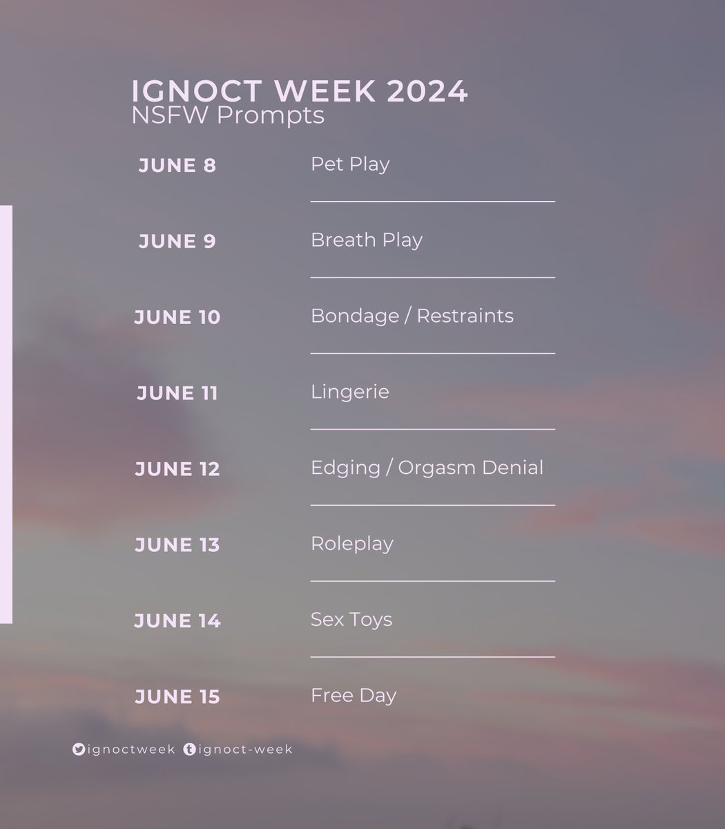 [RTs=💕] Ignoct Week 2024 Prompts

There are SFW and NSFW options for each day. 
Any rating is allowed for all prompts (tag appropriately).

Old works and WIPs that fit the prompts can be reposted/reshared.

Use the Free Day (6/15) to share anything ignoct related!
1/2