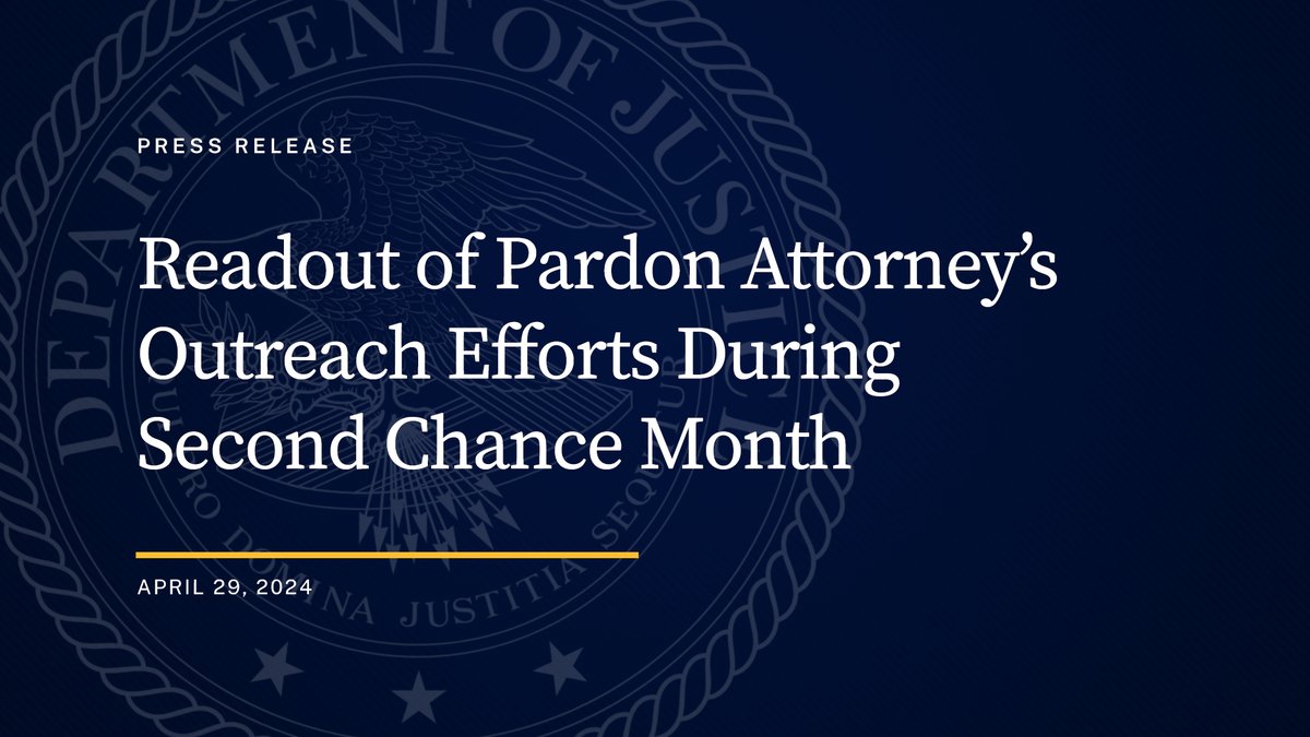 Readout of Pardon Attorney’s Outreach Efforts During #SecondChanceMonth

Pardon Attorney Elizabeth Oyer Visited Federal Correctional Institutions and Hosted Clemency Recipients at Justice Department

🔗: justice.gov/opa/pr/readout…