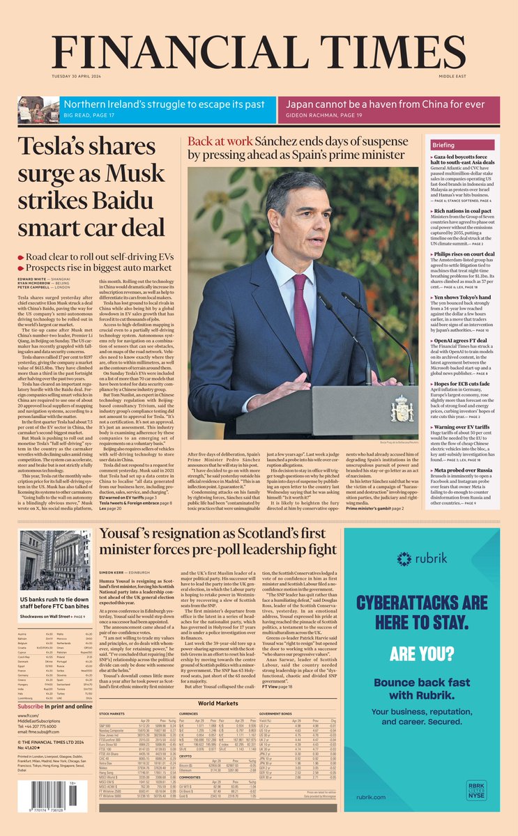 FT International: Tesla’s shares surge as Musk strikes Baidu smart car deal #TomorrowsPapersToday