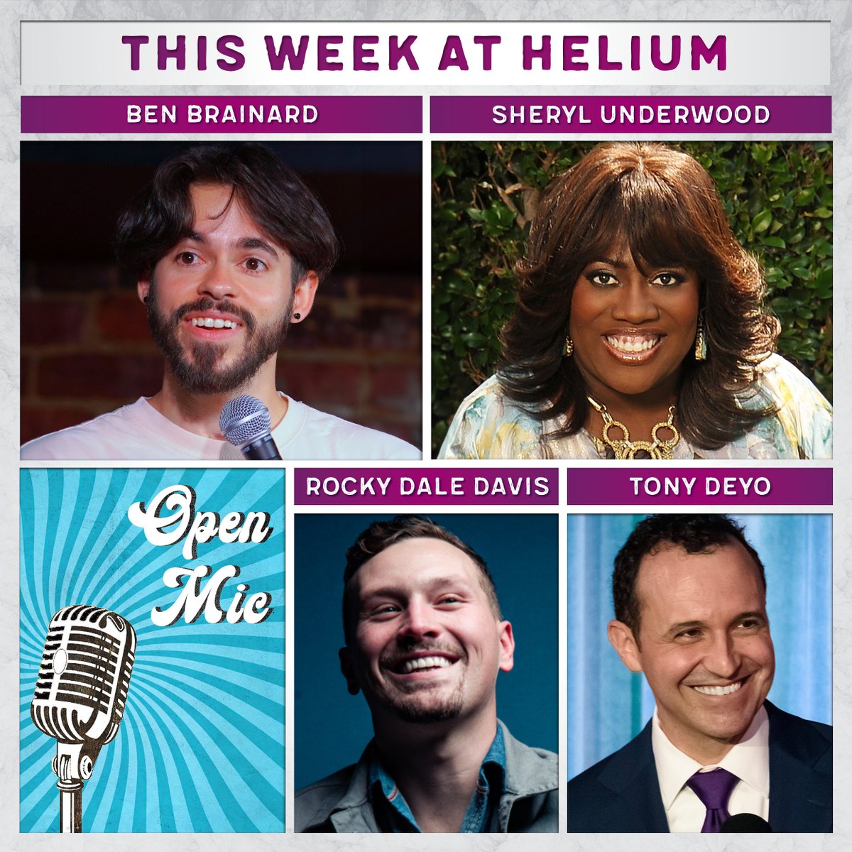 This Week at Helium | Open Mic night, @Ben_Brainard, Rocky Dale Davis, @tonydeyo will be Upstairs, + @sherylunderwood headlines the weekend! Grab tickets now: bit.ly/3QzPDCy