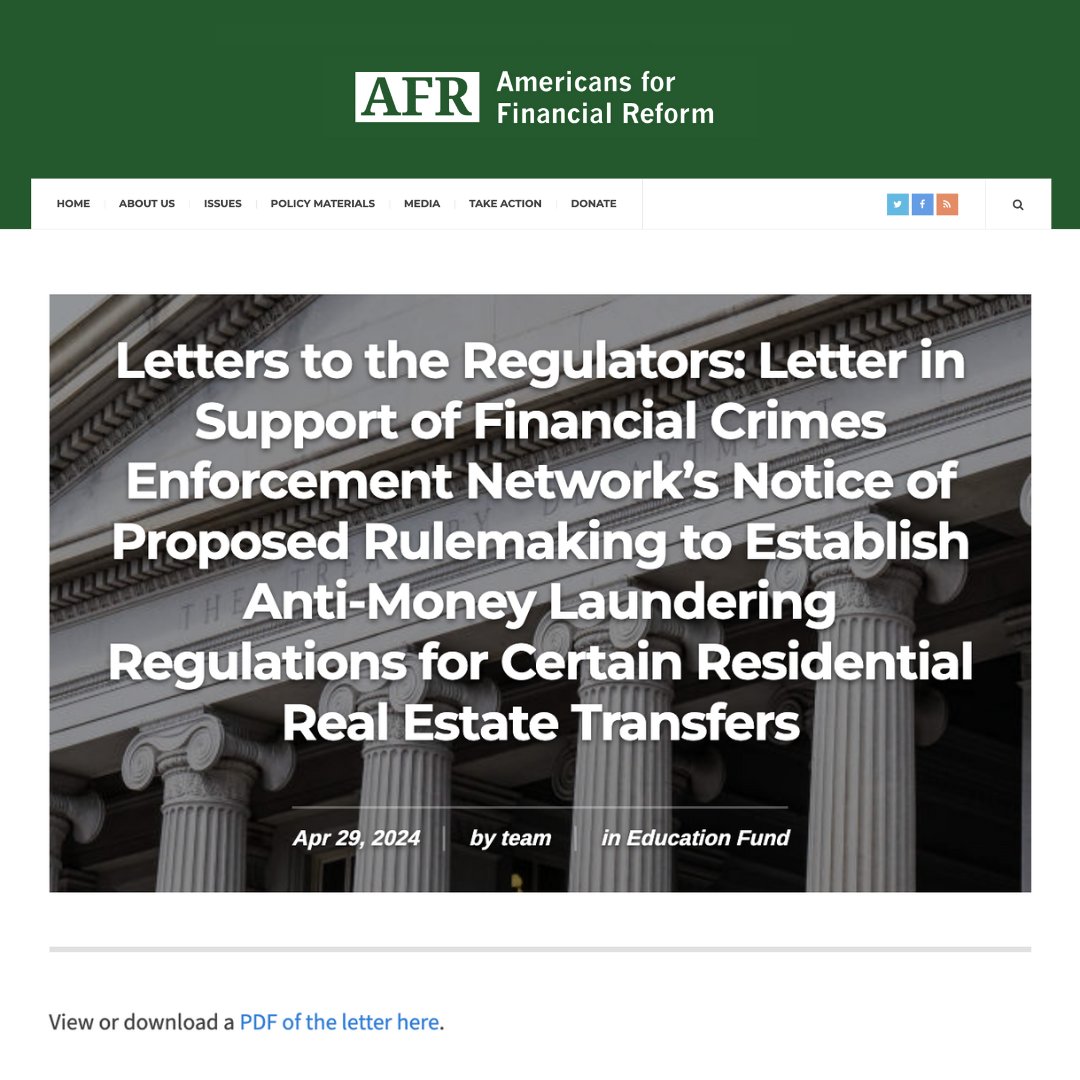 Letters to the Regulators: Letter in Support of Financial Crimes Enforcement Network’s Notice of Proposed Rulemaking to Establish Anti-Money Laundering Regulations for Certain Residential Real Estate Transfers ow.ly/ZPOT50RrgHO