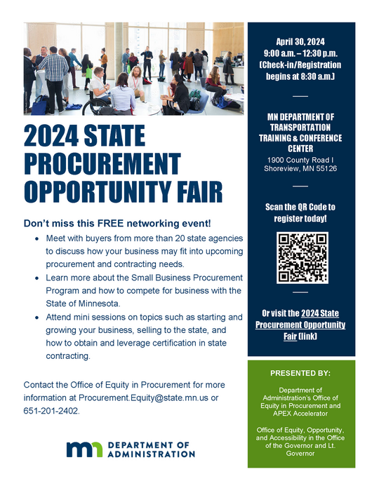 Don't miss the opportunity to network with state agency procurement and contracting staff at the 6th Annual State Procurement Opportunity Fair being held tomorrow, April 30! Learn more and register at mngov.ecenterdirect.com/events/1964