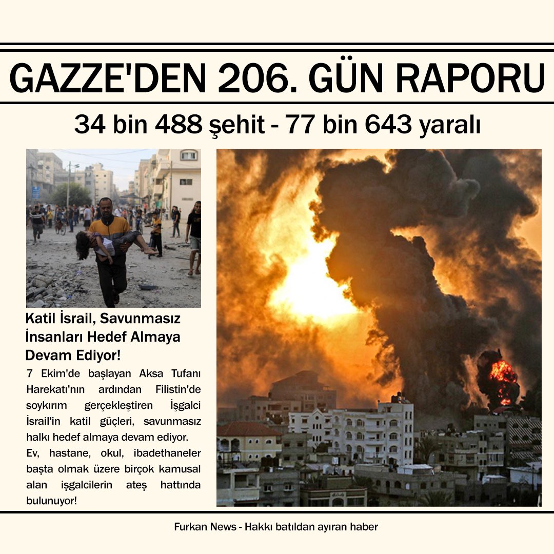 Gazze'den 206. Gün Raporu❗ Gazze Sağlık Bakanlığı: 'İsrail'in 7 Ekim'den bu yana Gazze Şeridi'ne düzenlediği saldırılarda hayatını kaybeden Filistinli sivillerin sayısı 34 bin 488’e yükseldi. Saldırılarda yaralı sayısı ise 77 bin 643 oldu.'