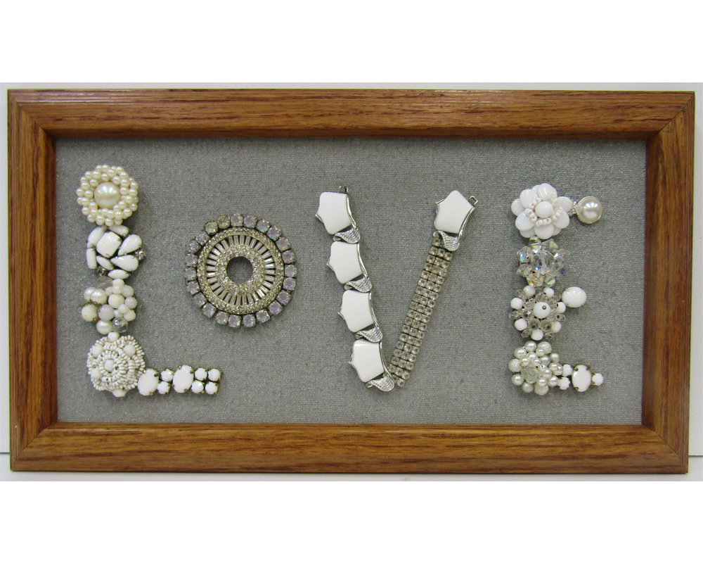 Framed Jewelry Art Sign Love #Handcrafted #VintageJewelry #LoveSign #MothersDayGift #FramedJewelryArt #Bling #MomSisGift #WeddingGift #Inspirational #RepurposeUpcycle bartlettpairart.com/product/framed… via @jimmiesart