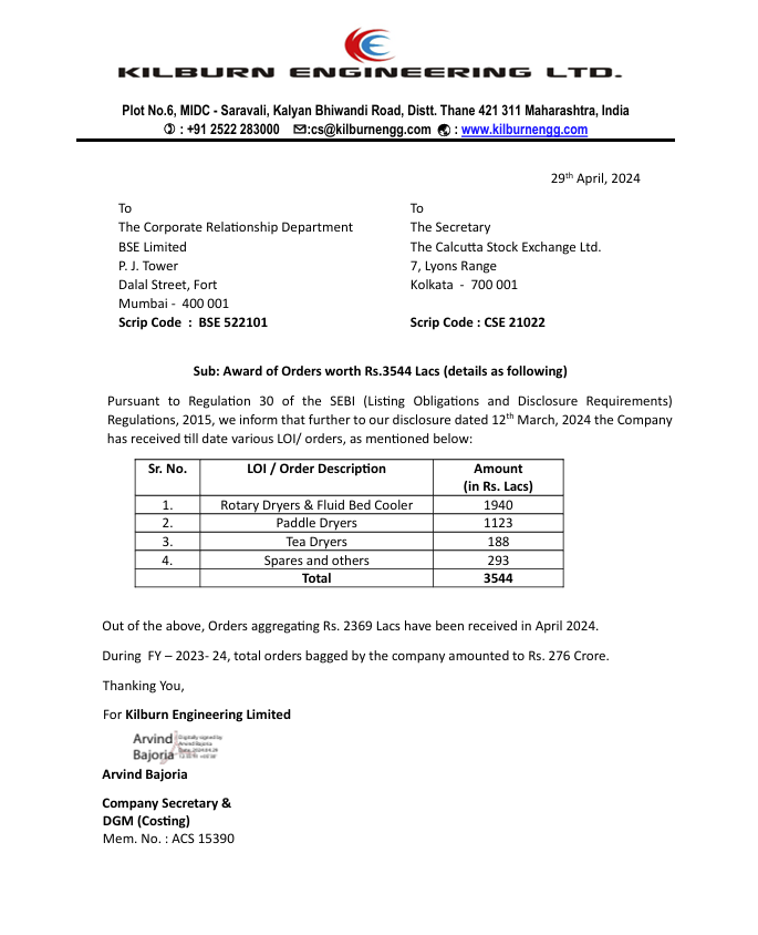 #Kilburn Engineering Order Update