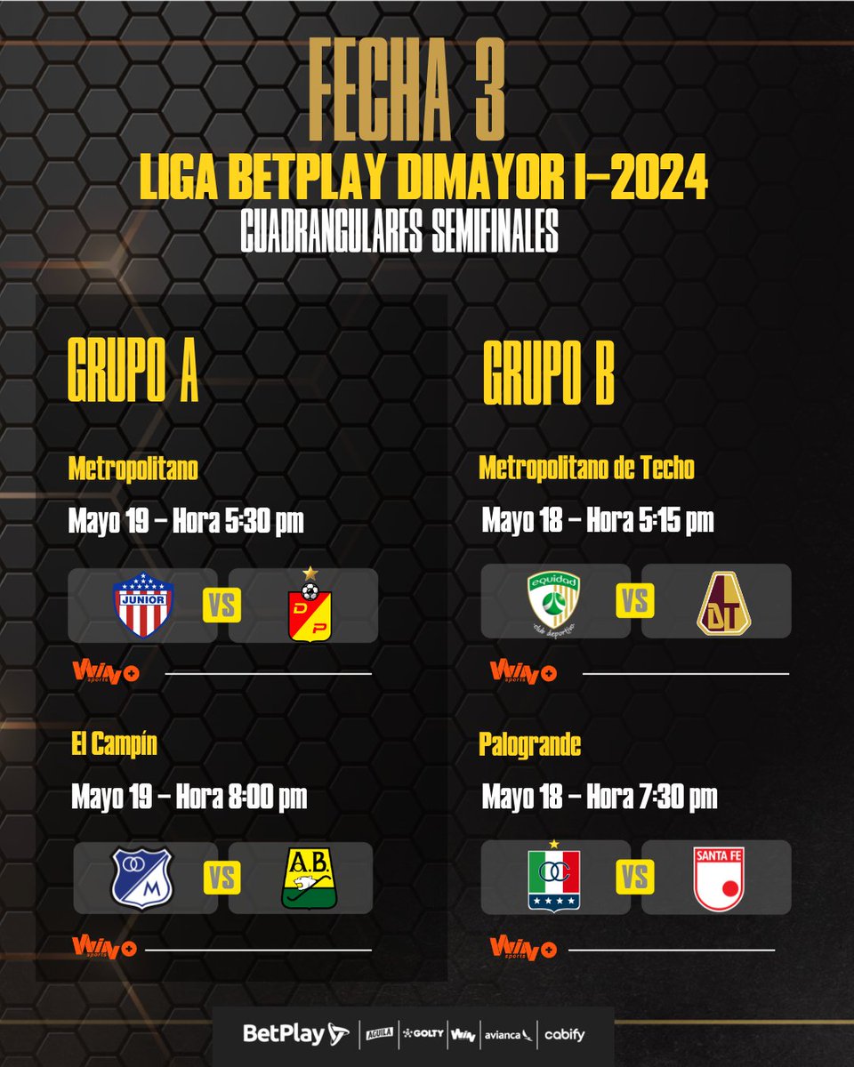 ¡No te pierdas las Fechas 1, 2 y 3 de los Cuadrangulares Semifinales de la #LigaBetPlayDIMAYOR I-2024! ⚽💥

#LaPasiónDeMillones