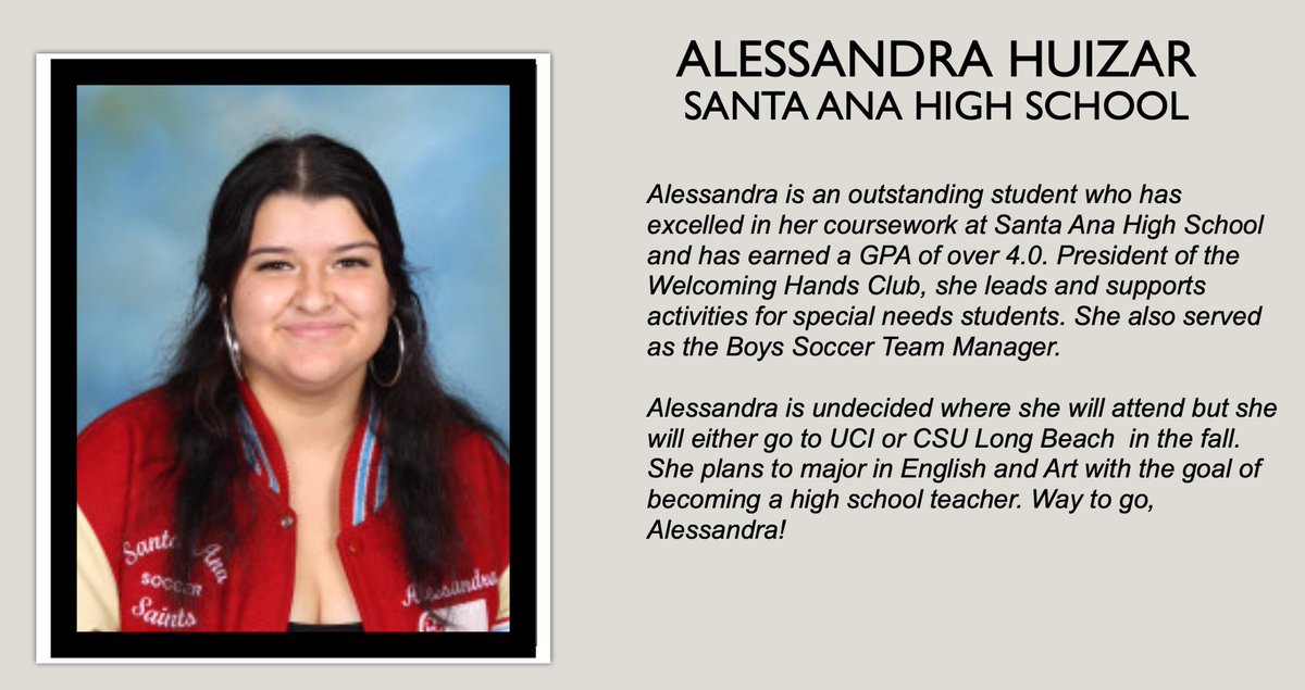🎉 Big congrats to #SAPSF scholar Alessandra Huizar of #SAUSD! GPA over 4.0 ✅ Welcoming Hands Club President ✅ Future high school teacher ✅ We can't wait to see her thrive in English and Art at UCI or CSU Long Beach! #ScholarshipExcellence 📚🌟 @SantaAnaUSD