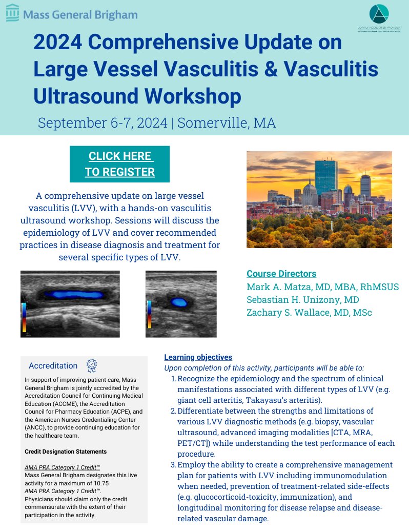 Join our course on September 6-7, 2024 to learn more about Large Vessel Vasculitis and participate in the Vasculitis Ultrasound Workshop! Register Now! cpdlearn.massgeneralbrigham.org/course/2024-co…