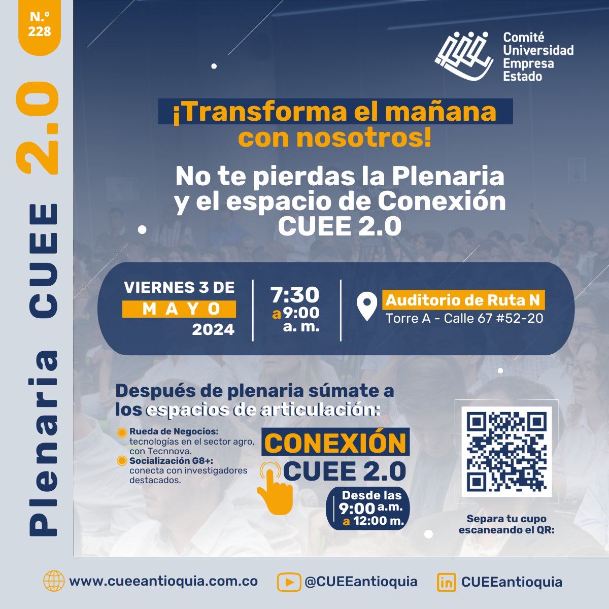 ▶️Te invitamos a participar en la próxima plenaria del Comité Universidad Empresa Estado (CUEE 2.0), un encuentro dinámico diseñado para discutir y avanzar en el ecosistema de Ciencia, Tecnología, Innovación y Emprendimiento de nuestra región.🌐 ✍️ bit.ly/plenariaCUEE