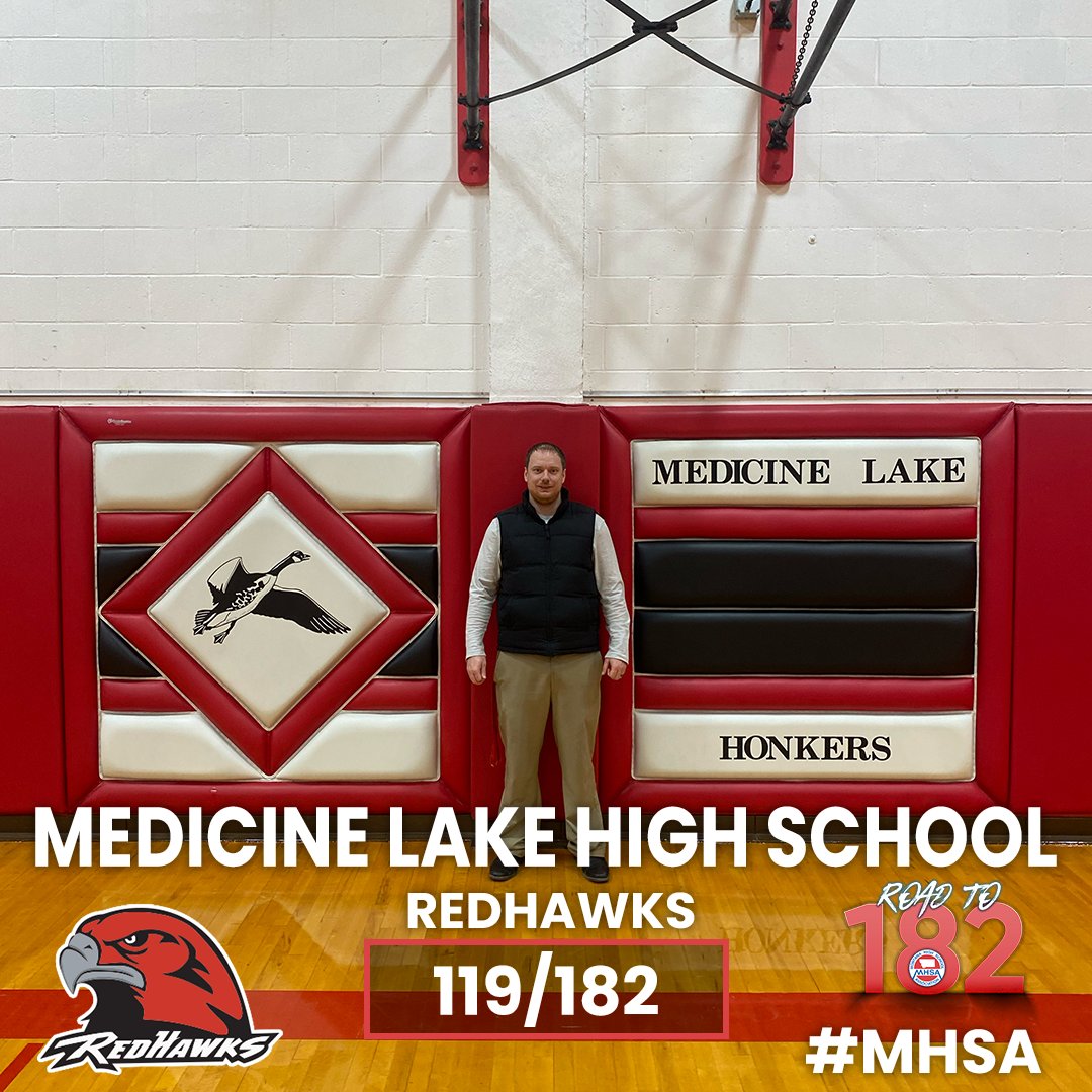 (119/182) Medicine Lake High School MHSA's Kip Ryan visited Medicine Lake High School, a Class C School. Their school colors are red, white, & black and their mascot is the Redhawks. Thank you to Activities Director Aaron Webster for showing us around. #MHSA #Roadto182