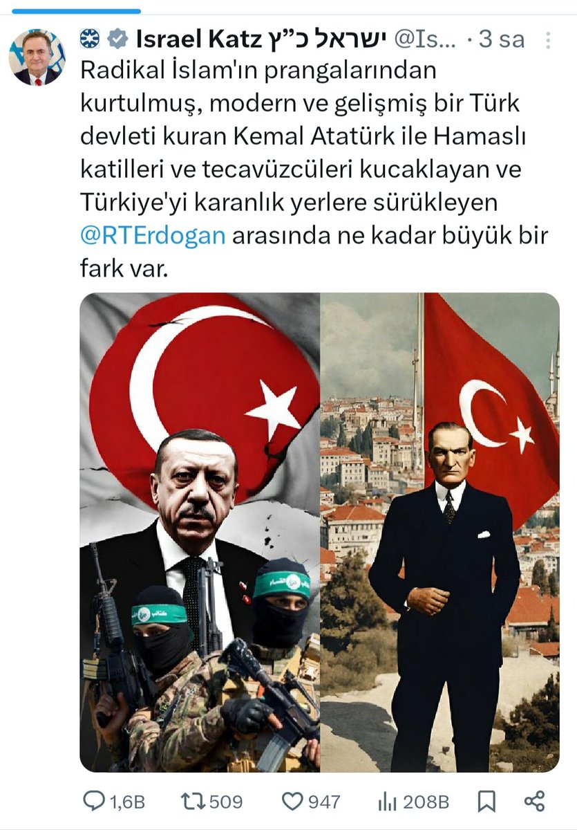 Siyonist dışişleri bakanının 3 saat önce X 'te yaptığı bu paylaşımda 947 beğeninin %80 ı kemalist, apolist ve hindulardan tarafından sağlanmıştır. Felsefik ideolojilerin yolları siyonizm tarikatında birleşir