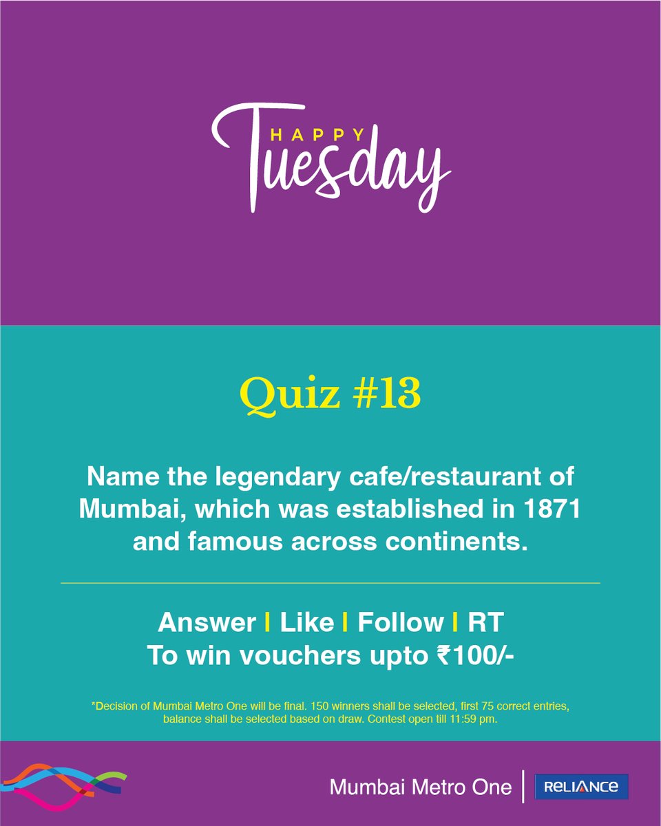 #HappyTuesday quiz is here! The 13th edition is about a popular landmark in Mumbai which was initially an oil store before it was converted into a cafe. Answer, Like, Follow & Share (all mandatory) to win. #ContestAlert #Giveaways #Voucher #MumbaiMetro