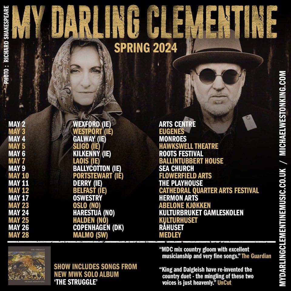 The @My_Darling_Clem Irish tour starts @wexfordarts on Thursday and runs until May 12 ending in Belfast @Cqaf Tickets for all shows via mydarlingclementinemusic.co.uk/shows/