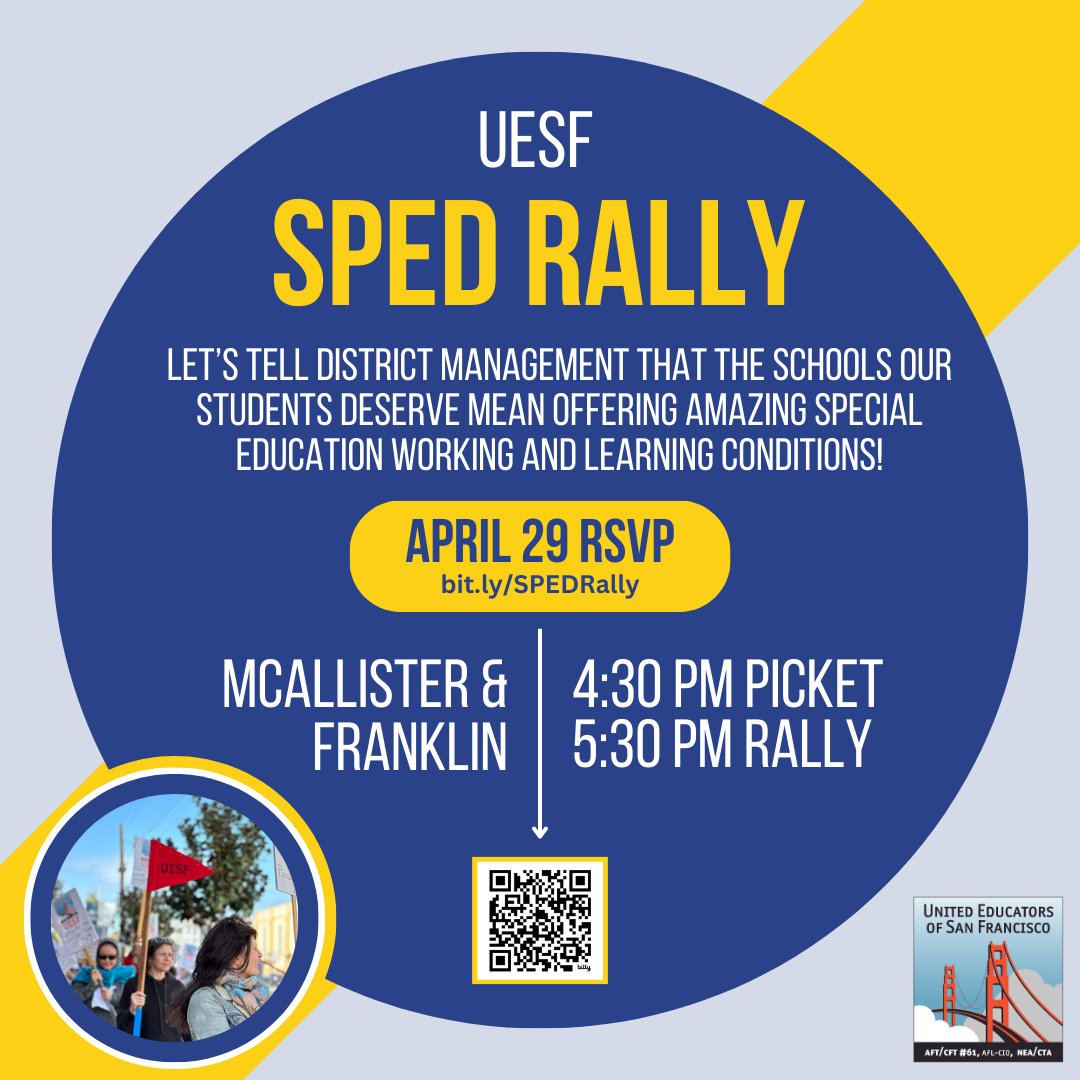 📢 TODAY! April 29 SPED Rally 📍 Location: Mcallister & Franklin at the Civic Center Secondary Parking Lot 🕟 Time: Picket at 4:30 PM Rally kicks off at 5:30 PM 🗣️ Let's make our voices heard loud and clear for the schools our students truly deserve!