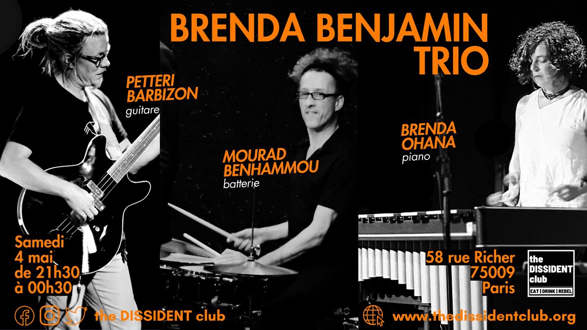 🎵🎷🎵 Le samedi 4 mai de 21 h 30 à 00 h 30, nous avons le plaisir de vous inviter  à nous rejoindre pour un concert live de jazz avec Brenda Benjamin Ohana au piano, Mourad Benhammou à la batterie et Petteri Barbizon à la basse. 🎵🎷🎵  #thedissidentclub #jazzconcert #jazz
