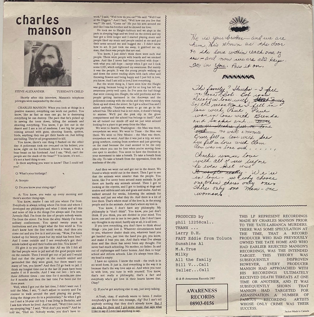 Your next stop is folk music by Charles Milles Maddox. Recorded prior to the Tate-Labianca murders, it's a pretty decent collection of songs to be honest. Some of them are downright catchy. (1992 pressing) #aotd #charlesmanson