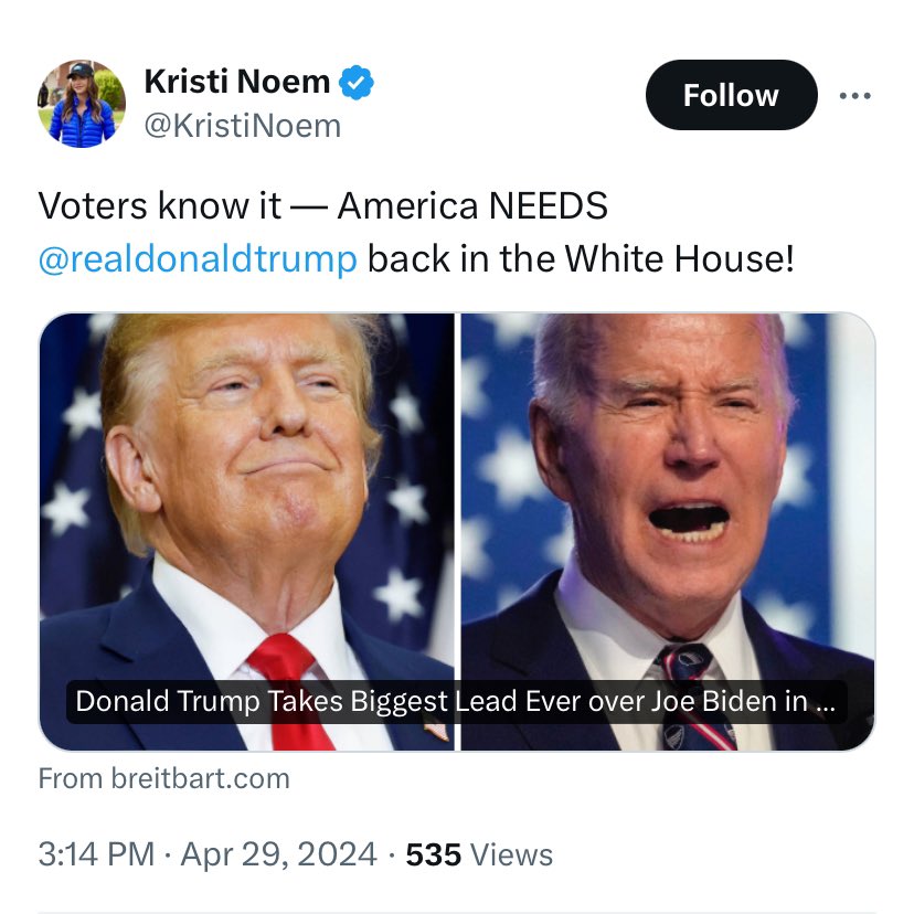 #PuppyKiller Kristi Noem is now sucking up to Trump still pretending like she still has a shot for Trump’s VP. Vile.