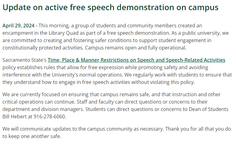 An update from President @DrLukeWood on active free speech demonstration on campus. Message link: sacstate.me/3QkEypx