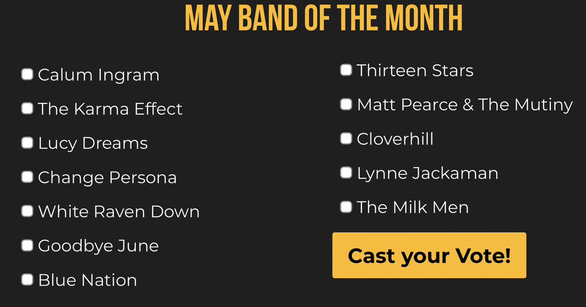 2 days to vote for your new Band of the Month. All fab acts @calum_ingram @KarmaEffectUK @LucyDreamsdp @changepersona @WhiteRavenDown @GoodbyeJune @bluenationmusic @13_Stars1 @mattpearceuk @cloverhill_rock @lynnejackaman #TheMilkMen ☮️💥