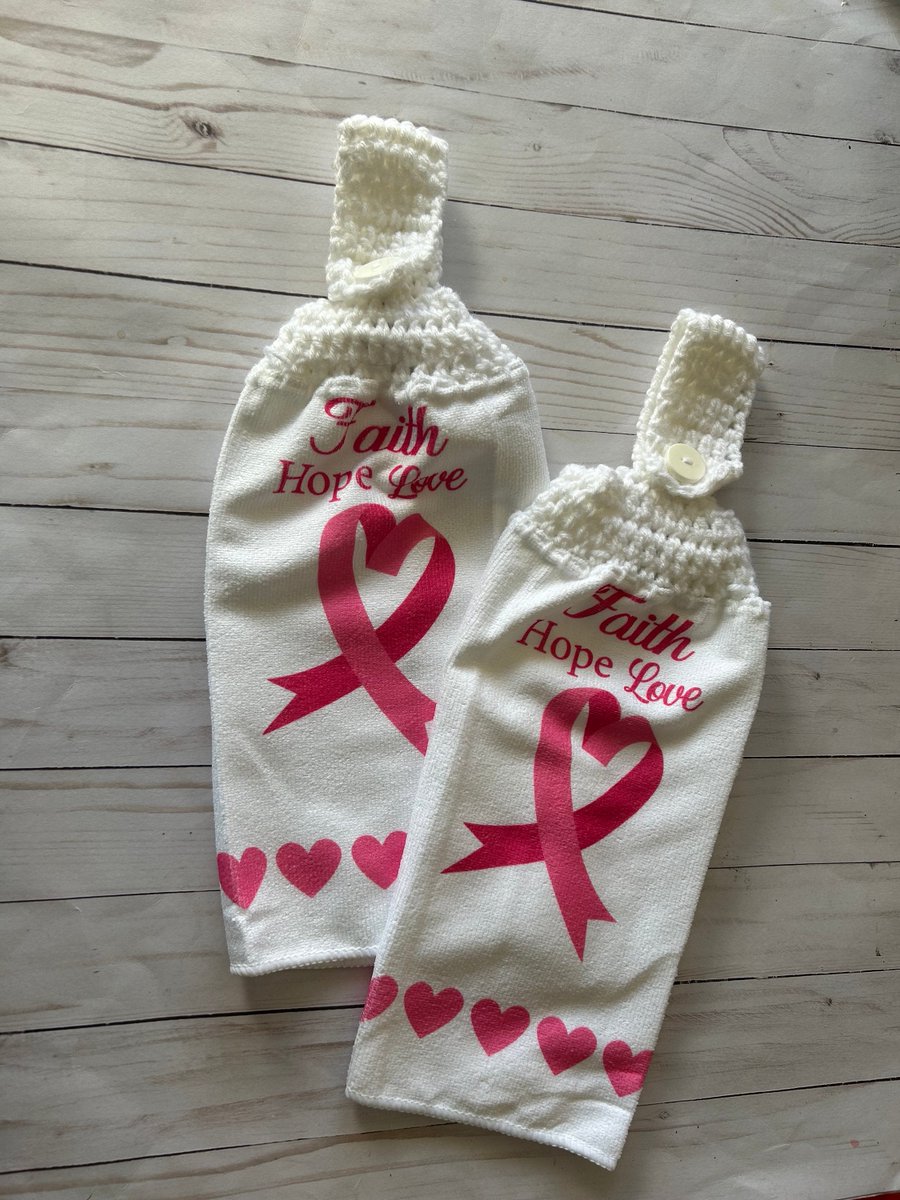 2 Pink Ribbon crochet top kitchen towels, Breast Cancer Awareness kitchen towels tuppu.net/3fc94702 #craftbizparty #craftshout #KitchenTowels