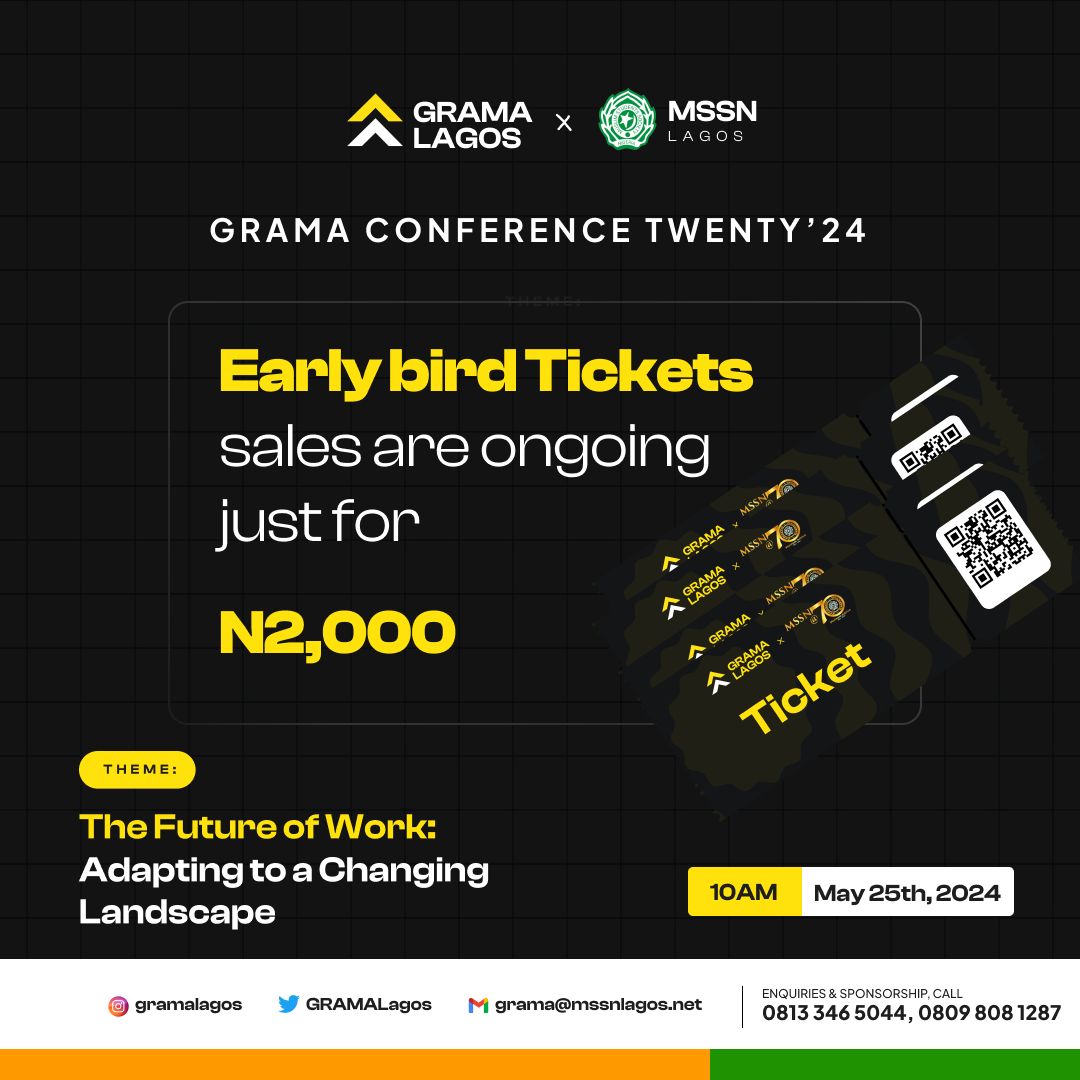 GRAMALagos's tweet photo. Tickets now on SALE!
Enjoy the early bird discount.

Pay into the account details below. Share Evidence of Payment (EOP) with any of the contact numbers via WhatsApp.

Account Number: 6544031514
Account Name: GRAMA
Bank Name: MoniePoint

Don't sleep on it!
#GRAMAConference24 https://t.co/YPUZNnhGzW