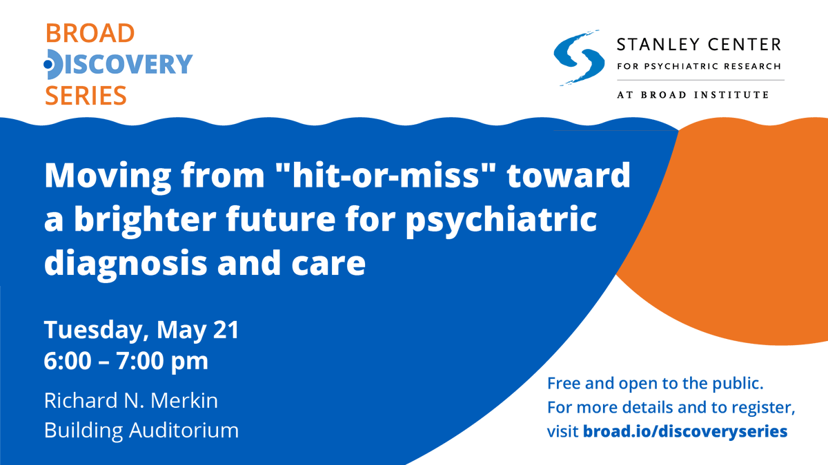 On 5/21 at 6pm ET, join a hybrid discussion of the past & future of psychiatric diagnosis & care, featuring @NAMIMass/@NAMICommunicate community peers & family members, and scientists from @broadinstitute's Stanley Center for Psychiatric Research. More at broadinstitute.swoogo.com/mentalhealthta…