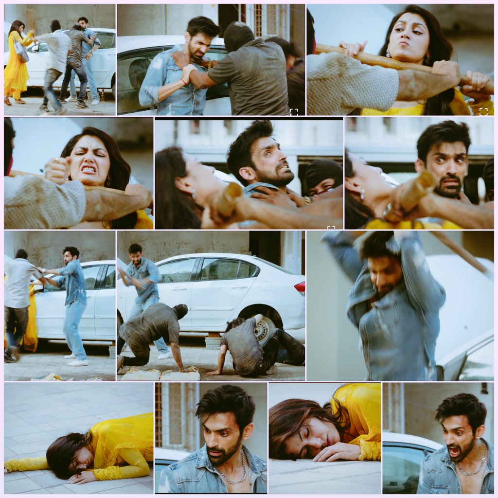 Ammu bravely fought the goons, but 1 of them grabbed her & put the rod on her neck. Virat couldn't see Ammu in danger & pain,so he unleashed his fury on the goons, beating them heavily. Virat - Don't ever touch my girl..💥😡 #AmVira #ArjitTaneja #SritiJha #KaiseMujheTumMilGaye