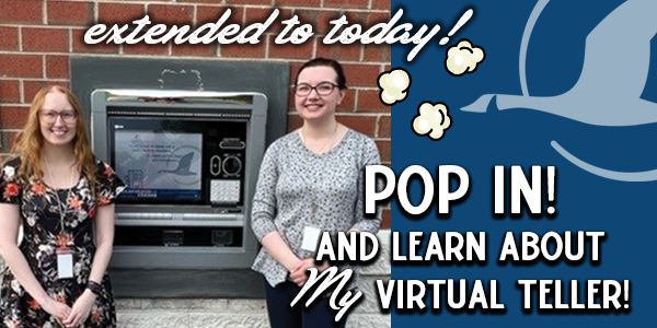 Extended! We are extending our My Virtual Teller Open House at our West Bend office to all day today too! POP in to learn about our #MyVirtualTeller! Make a deposit (on us!) and enjoy a popcorn treat from Cowboy Kettle Korn! #ITM #banklocal #communitybanking