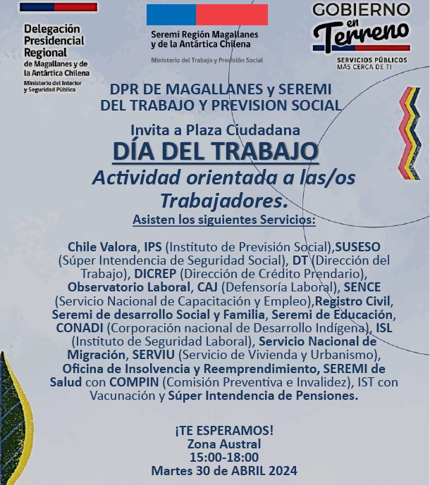 ✅Este martes 30 de abril, seremos parte de una nueva versión del @Gobenterreno de la @DPRMagallanes con:
✅Comisión de Medicina Preventiva e Invalidez (Compin)
✅Vacunación contra la Influenza a cargo del #IST con apoyo del APS Punta Arenas 
@FSanfuentesP